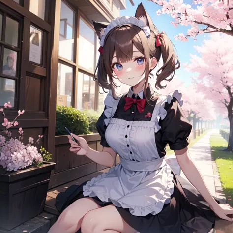 masterpiece、highest quality、8K、cute、cat ear maid、cherry blossoms