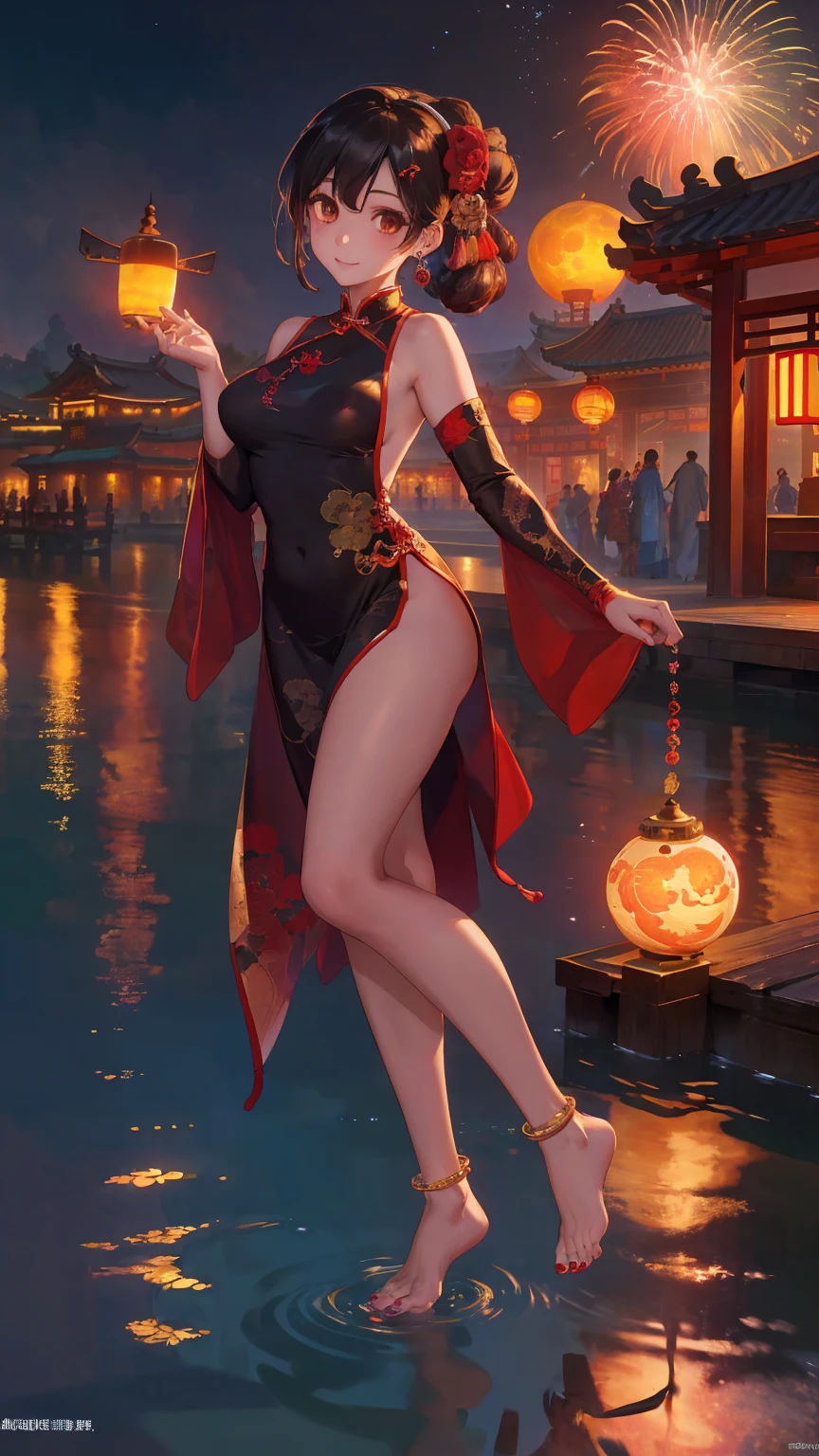 best quality,official art,Extremely detailed CG unified 8k wallpaper, (Wide-angle lens),1 girl, (Meiyu Edelfeldt),,black hair,brown eyes,seductive smile,National Science Foundation, barefoot, perspective dress, Butterfly, Butterfly hair accessories, backless dress, Chinese clothes,sleeveless, twice as good,Golden dragon pattern,barefoot,perspective,Elbow gloves,bun, hair accessories,jewelry,earrings,Bead Anklet,thin legs,nail polish,beautiful breasts、huge breasts:1.4, alone, toenail polish, toe甲, toe, Double tail,outdoor,Chinese style architecture, Chinese style, lake, ancient town, Beautiful and detailed water,red lantern,fireworks,full moon