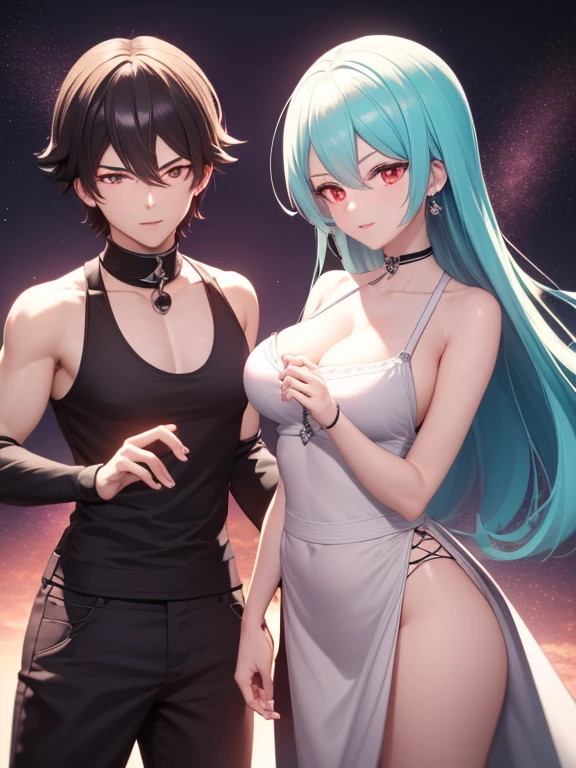 ((anime tv masterpiece)), (half body focus), Adult boy and girl couple, various poses together, you can see the mutual attraction, fox girl long white or gray hair, radiant iris eyes shine green eye, two-color short hair boy, male face, eyes are also bright red eyes and radiant black,  -auto...