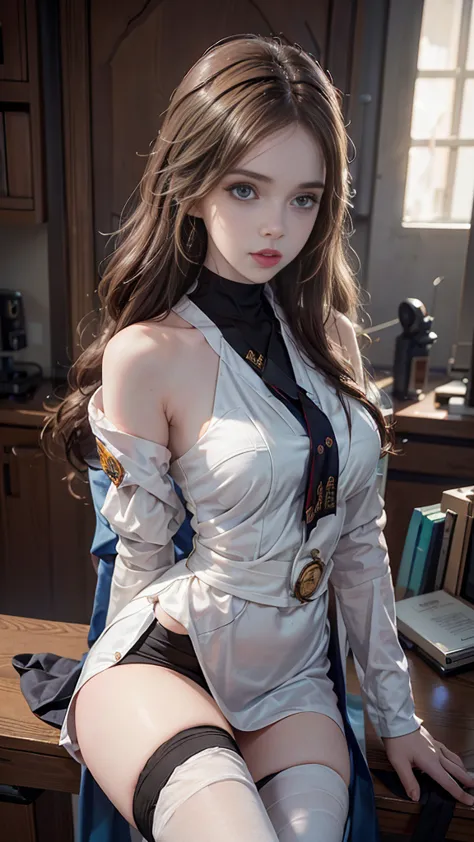 there is a woman sitting on a desk in a lab, amouranth, better known as amouranth, sitting on a lab table, young beautiful amour...