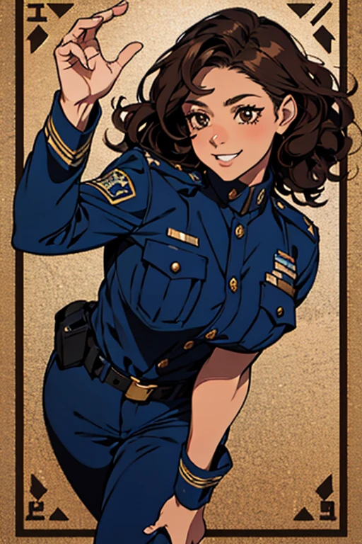 27 years old girl, playful, fun, half caucasian, half egyptian, officer, tall, use dark blue uniform, boots, heavy belts, curly hair, brown eyes, chubby, tan skin