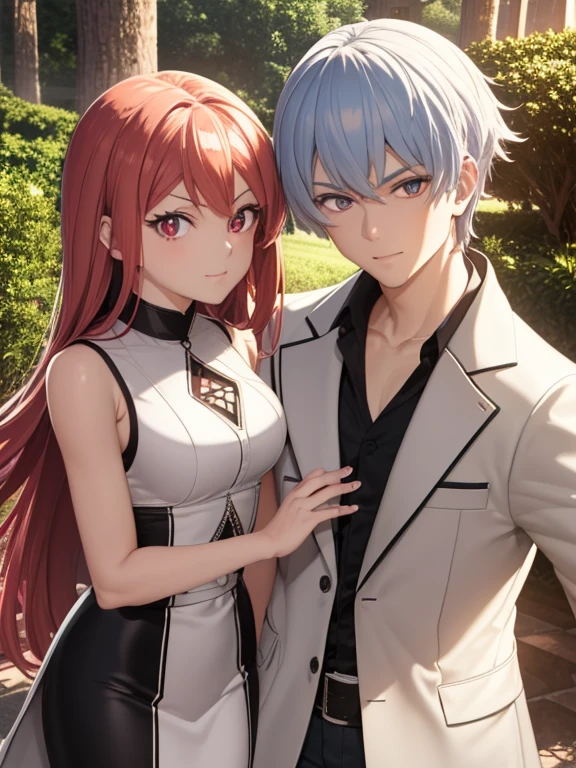 ((anime tv masterpiece)), (half body focus), Adult boy and girl couple, various poses together, you can see the mutual attraction, fox girl long white or gray hair, radiant iris eyes shine green eye, two-color short hair boy, male face, eyes are also bright red eyes and radiant black,  -auto...