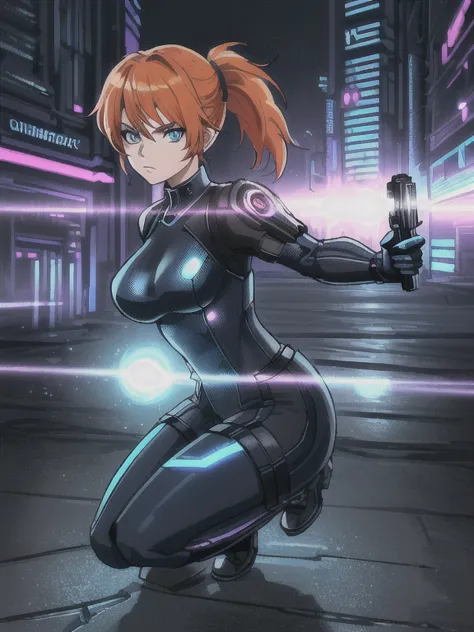 1girl, Sexy Experienced Cyberpunk Agent, ((32year old, dressed in a tight blue futuristic bodysuit, utility belt, boots, medium ...