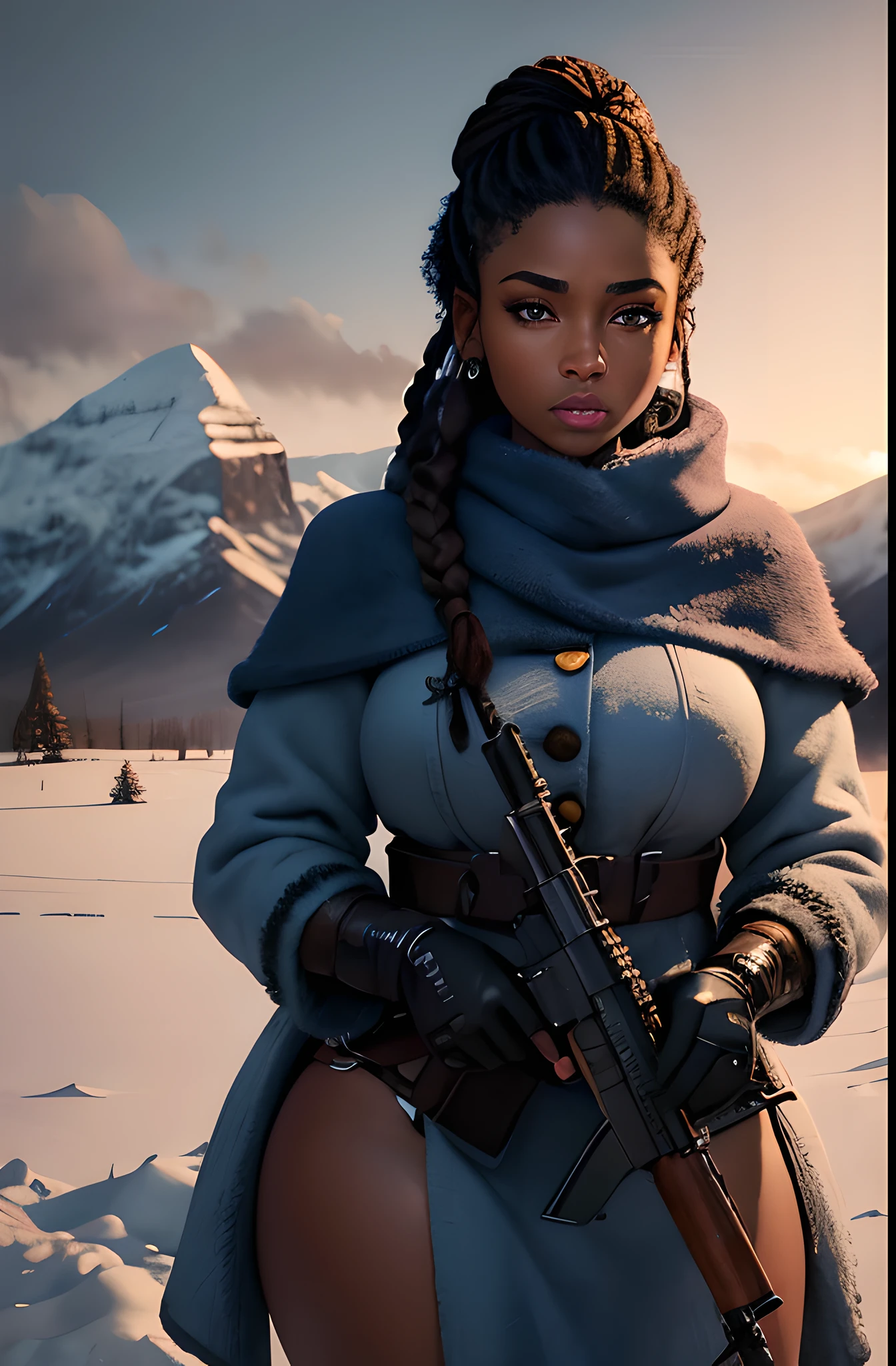 mejor calidad,ultra detallado,Retrato, Teyonah Parris mezclada con Joaquina Kalukango sosteniendo un rifle, mujerona, 3001 libras, muslos fuertes, pelo trenzado lanoso, piel muy oscura, hermosos ojos azules detallados, hermosos labios detallados, detailed long pelo trenzado lanoso, abrigo de invierno, atmósfera fría y helada, sangre en la nieve, paisaje helado, oscura noche de invierno, suelo nevado, montañas distantes, árboles cubiertos de nieve, Expresión acerada, enfoque nítido en el rifle, textura metalica,crujiente, alto contraste, tonos de colores fríos,iluminación dramática