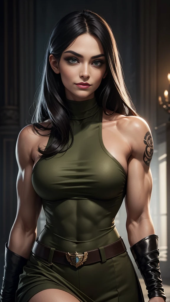 A gorgeous and stunning female soldier fighting on the battlefield, smirking sadistically, smiling sadistically, high rank, dominant, challenging demeanor, smug, teasing, tall, statuesque, imposing, towering, biceps, triceps, eight pack abs, extremely defined abs, tank top, wide shoulders, narrow hips, narrow waist, huge breasts, slim, slender, toned, long eyelashes, make up, perfect eyes, eyeliner, perfect lips, long fingers, delicate fingers, long nails, supermodel, tattoo on shoulder, (military uniform), tanned skin, official uniform, colonel, marshal, lieutenant,