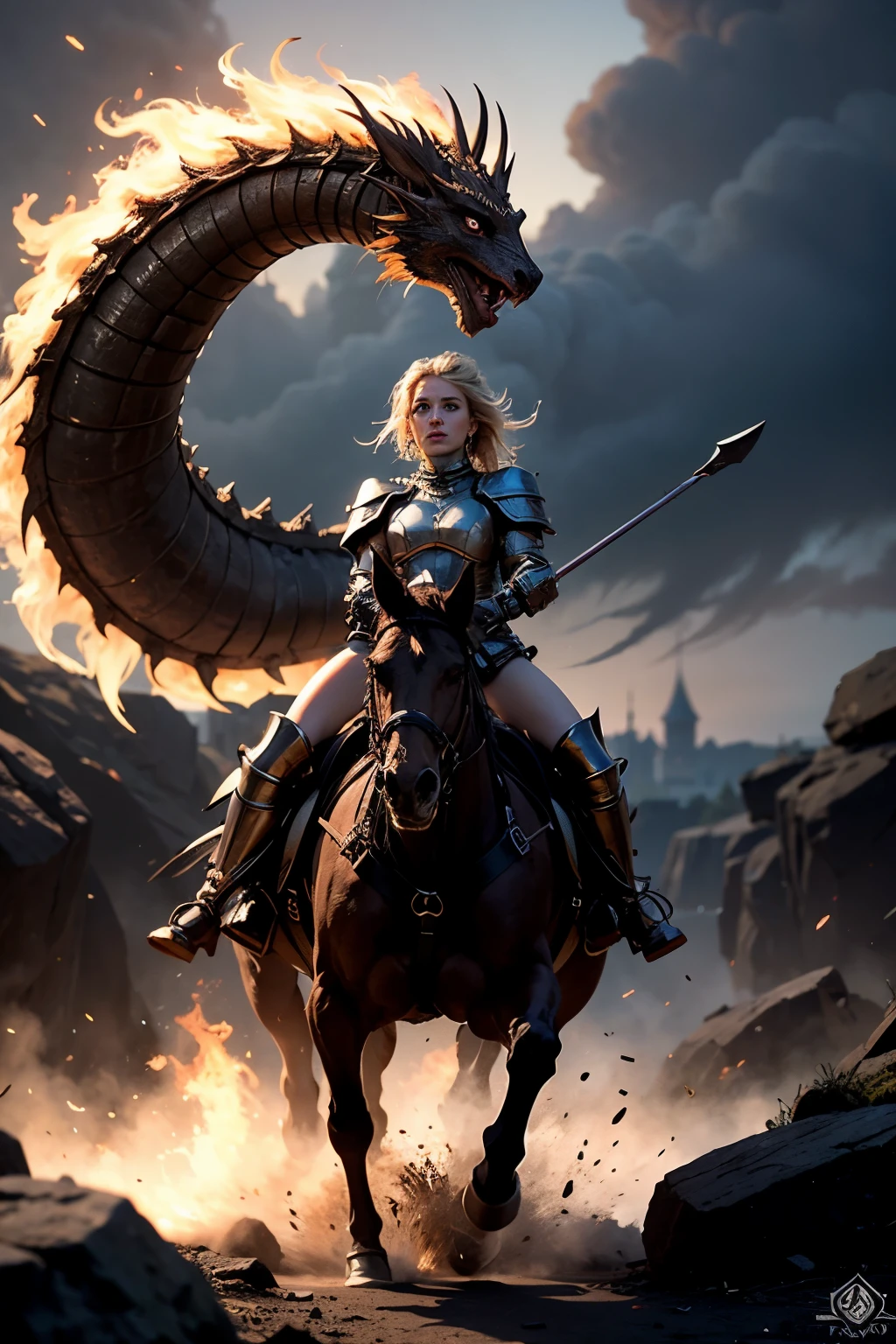 teenage girl, full plate armor, sweaty hair, Ancient battlefields, big breasts, Countless swords stuck in the ground in the background, full body shot, The whole body is reflected, background blur, Countless sleeping people in the background, movie lighting effects, sweating, Burning castle in the background, countless flames in the background, sparkling eyes, blush, the horse is galloping, red lips, Damaged armor, tilt one&#39;s face, Wave one hand up, Contemptuous eyes, have a sword, brandish a sword, Several arrows pierce the body, profile, highly detailed face, Beautiful and well-proportioned face, beautiful white skin, , supermodel proportions, riding a horse, Dragon roaring in the background, staring at each other, Well-trained abs, Separate armor