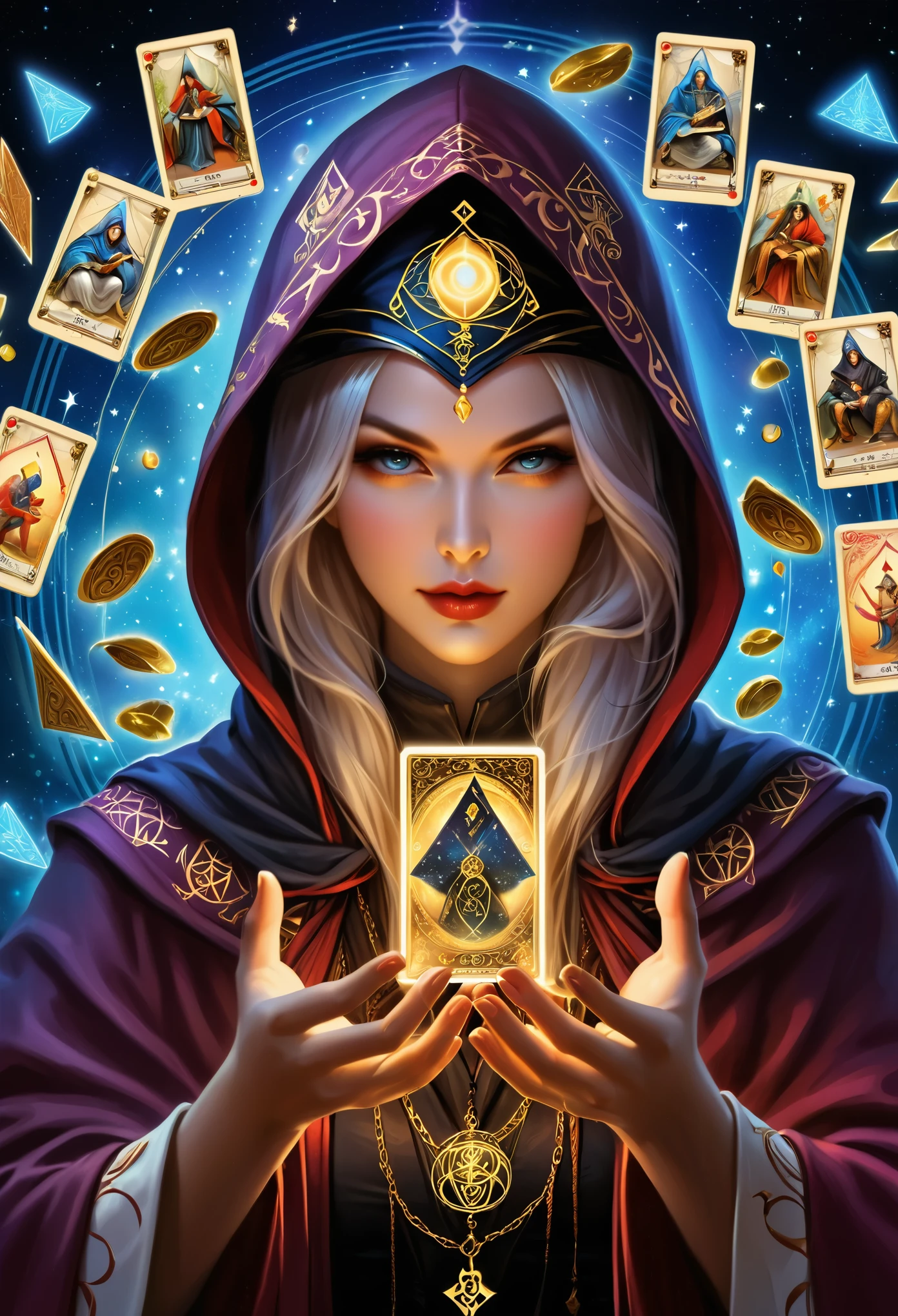 Onmyoji，Metal photo frame，card，tarot cards：1.37.Mysterious fortune teller wearing hood，Finger taps an array of tarot cards in the air，Mystical symbols and elements，ancient mysterious atmosphere，Realistic illustrationeticulous details，Vibrant and energetic composition，dark style，gothic style