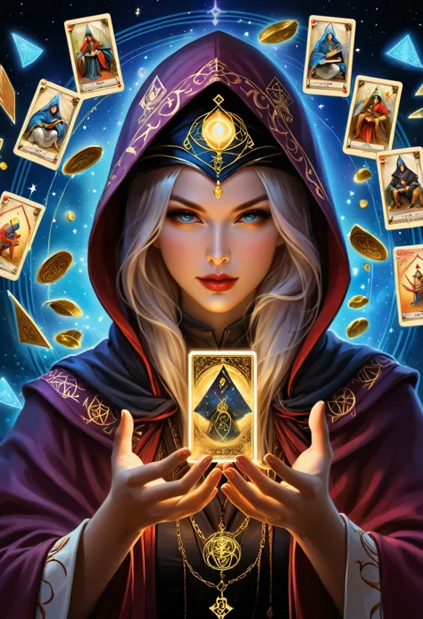 Onmyoji，Metal photo frame，card，tarot cards：1.37.Mysterious fortune teller wearing hood，Finger taps an array of tarot cards in the air，Mystical symbols and elements，ancient mysterious atmosphere，Realistic illustrations，meticulous details，Vibrant and energet...