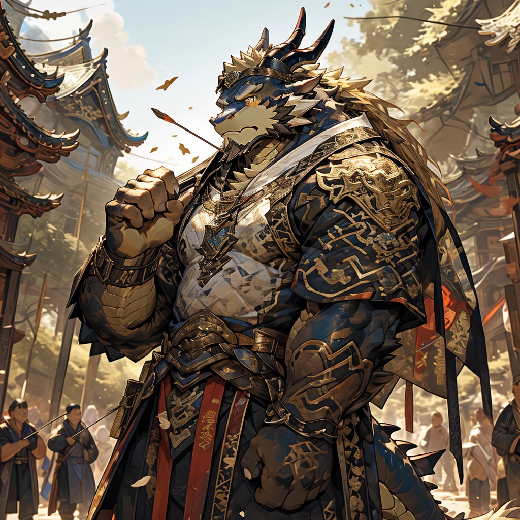 Golden skin dragon),(Black and white yin and yang general battle robe),With a bow and arrow in his hand,Carrying a quiver，strong posture,stand calmly,(In the background is a city covered in forest:1.2),abdominal muscles,heroic posture,A perfect masterpiece,Various facial details,distance perspective,specific description,masterpiece,CG,(golden eyes),black and white pattern,Crimson tail,General,heroic posture,dragon,Black and gold fur,Specific facial details,Half body,(Black and white Yin and Yang General combat boots),(Chang Ling),((middle aged)),(Face focus),(16K),HD,black and white belly,Chinese style,beard,(Face line),different students,(Black and white yin and yang shirt),(Black and blond hair),Strong,muscle,(High resolution:1.3),(Standing in front of a city covered by forest),(close up),(Detailed face:1.5),Perfect details,(Half body),(Detailed depiction of face:1.5),(Zoom in on face:1.5),(White Face line:1.2),(Black Beard:1.3),(white face;1.6),Golden body dragon