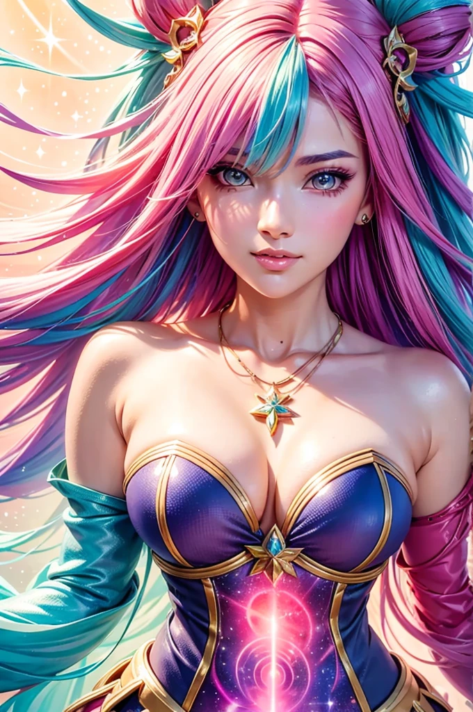 Close-up of a woman with colorful hair and necklace, anime girl with cosmic hair, Rossdraws soft vibrancy, Gouviz style artwork, fantasy art style, colorful], vibrant fantasy style, Rossdraws cartoon full of vitality, cosmic and colorful, Guweiz, colorful digital fantasy art, stunning art style, beautiful anime style, glowing hair
