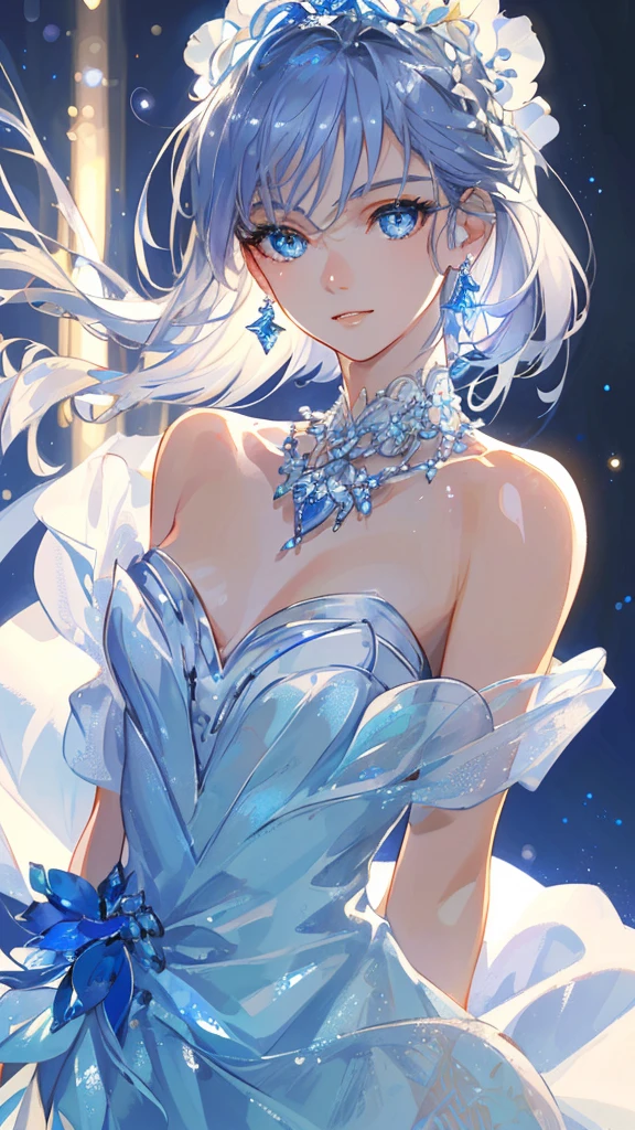 masterpiece, best quality, illustration, saxophone blue, platinum earrings, platinum necklace, white dress, 1 girl, Lovely, (dynamic lighting:1.2), movie lighting, Exquisite facial features, delicate eyes, sharp pupils, realistic student, depth of field, Bokeh, sharp focus, (Super detailed, bloom, glow:1.4), many little gems