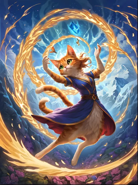 anthropomorphic cat:1 girl:cat ears:cat tail,fluffy,smooth fur,perfect face,cute,Use of magic,Magic Effects,dance,anatomically correct,(masterpiece, highest quality:1.2),masterpiece,highest quality,最高masterpiece,8K,,Wind,fantasy,,wonderful,, Mysterious, ch...