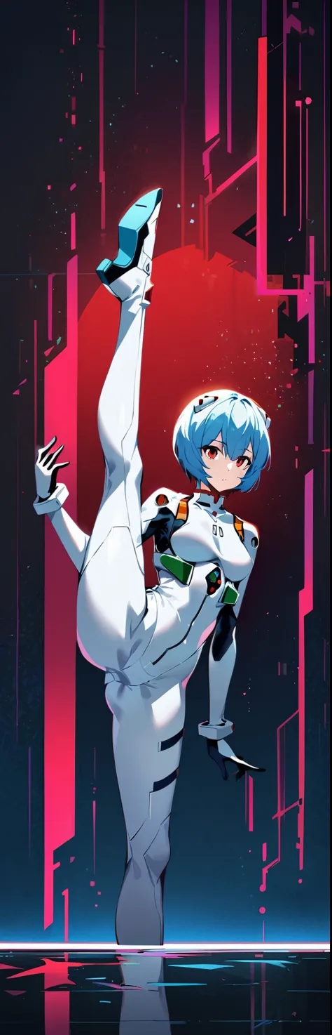 (highest quality:1.2),1 girl,alone,Are standing_Split,AYANAMI REI,white bodysuit,red eyes,pilot suit,short hair,blue hair,bangs,interface headset,turtleneck,hair between eyes,pixelated background,neon light,SF color scheme,Bright colors,metallic texture,de...
