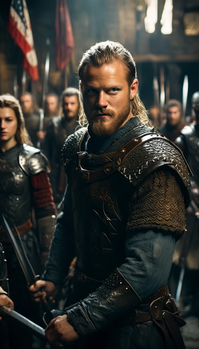 Illustrate the sons of Ragnar lothbrok standing together, wearing armor and holding weapons, ready to fight, heading for King Aella's fortress, crowd cheering for them , detailed face, detailed face expressions, natural face expressions, face in detail, asymmetrical faced,(tall and slender body), fair and smooth skin, detailed hands, detailed fingers, masterpiece, cinematic lighting, physically based rendering, lens flare, award winning rendering, perfect rendering detail, 8K, realism, detailed background, everything in detail, cinematic shot, dynamic lighting, 75mm, Technicolor, Panavision, cinemascope, fine details, 8k, HDR, realism, realistic, key visual, film still, superb cinematic color grading, depth of field, ,midjourney,