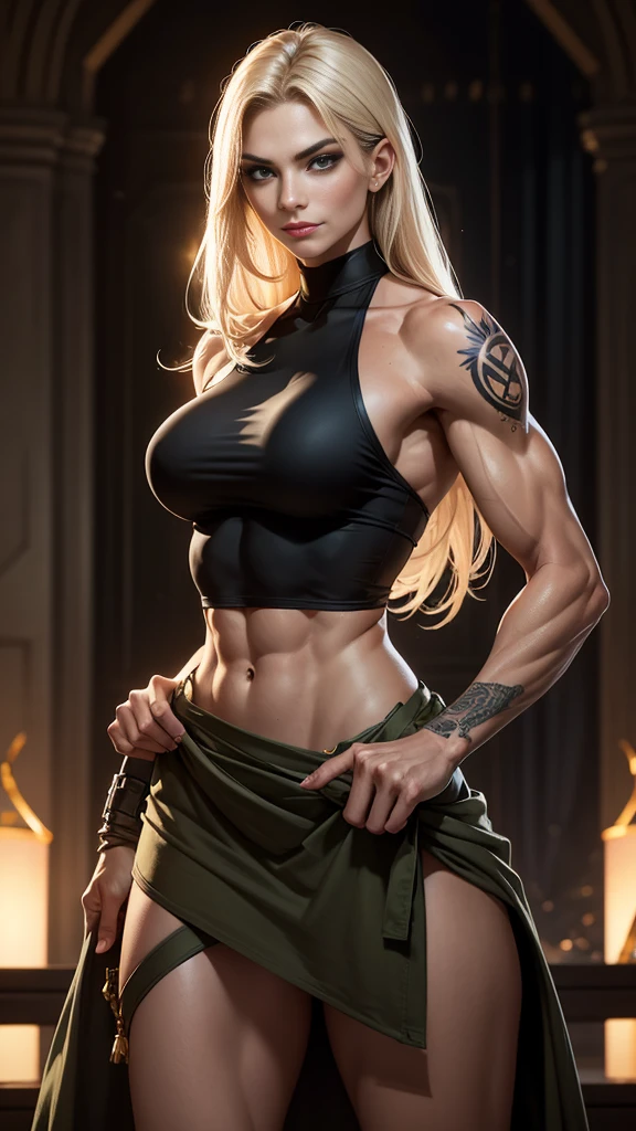 A gorgeous and stunning female soldier fighting on the battlefield, smirking sadistically, smiling sadistically, high rank, dominant, challenging demeanor, smug, teasing, tall, statuesque, imposing, towering, biceps, triceps, eight pack abs, extremely defined abs, tank top, wide shoulders, narrow hips, narrow waist, huge breasts, slim, slender, toned, long eyelashes, make up, perfect eyes, eyeliner, perfect lips, long fingers, delicate fingers, long nails, supermodel, tattoo on shoulder, (military uniform), tanned skin, official uniform, colonel, marshal, lieutenant,