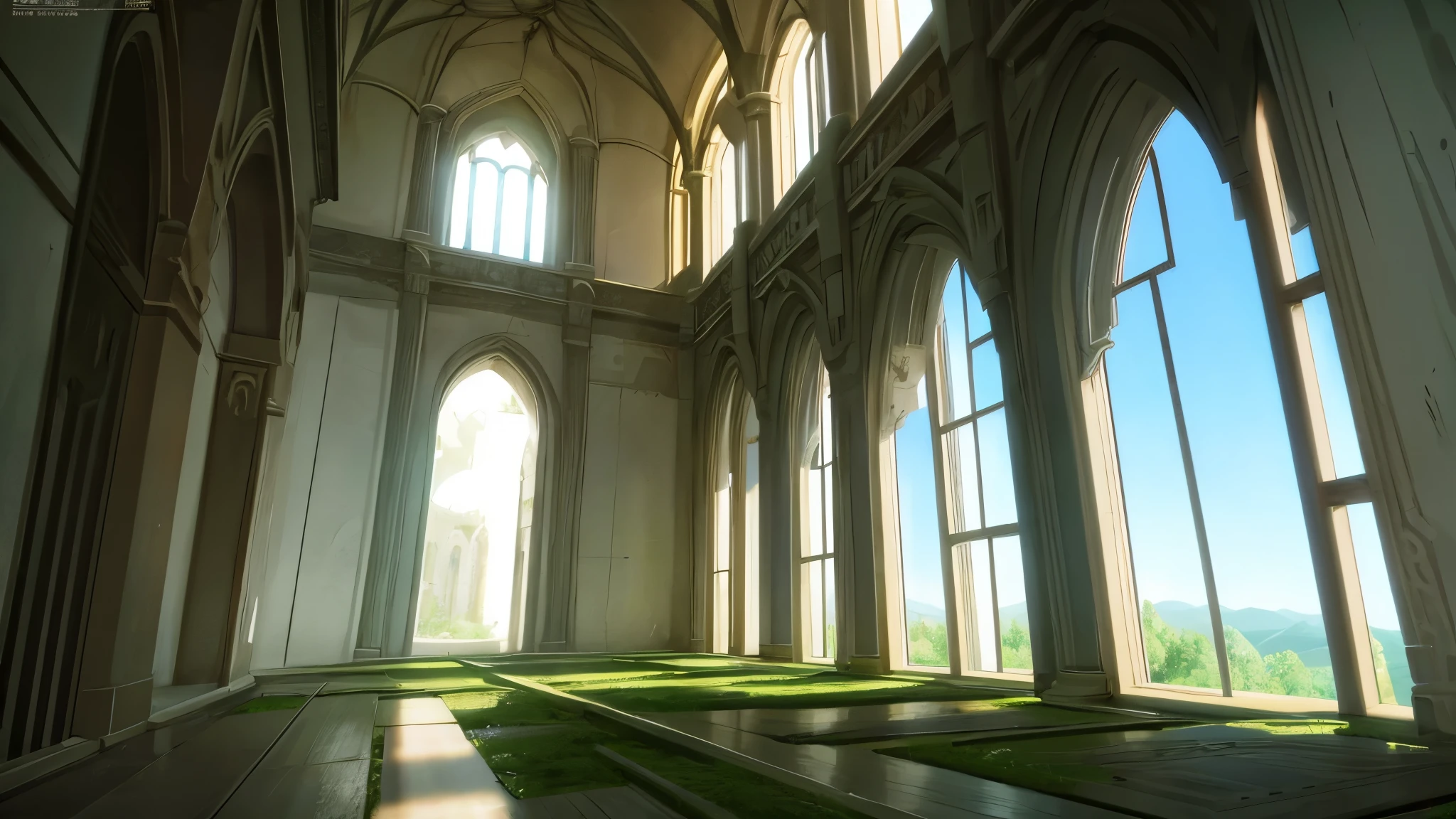 visual novel background, inside an ancient round tower, fantasy tower, high up, windows letting in sun showing the forest outside far below, extremely detailed