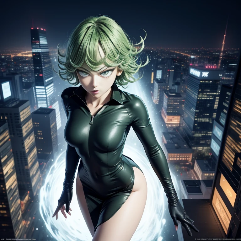  1girl, alone, Tatsumaki One Punch Man floating over a city, Anime girl, short hair, green hair, green eyes, Tatsumaki black outfit, Tatsumaki (One Punch Man) Clothing style, Black clothing, Black dress, long sleeve, pelvic curtain, Detailed clothes, masterpiece, symmetrical, serious face, very small breasts, small breasts, medium thigh medium waist, wide hips, 1 girl, bright green eyes, City Background, Sky Background, View from above, Bokeh, 4K Masterpiece, HDR , Anime art style, One Punch Man art style, sharp colors, vivid colors, green particles, iom