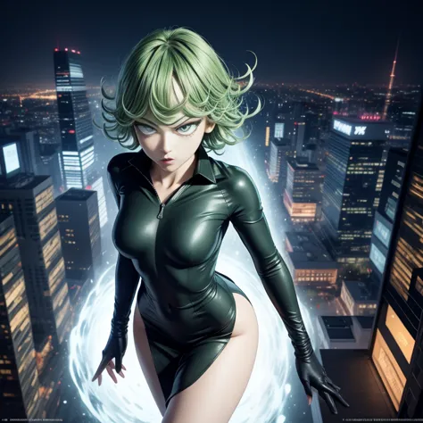 1girl, alone, tatsumaki one punch man floating over a city, anime girl, short hair, green hair, green eyes, tatsumaki black outf...