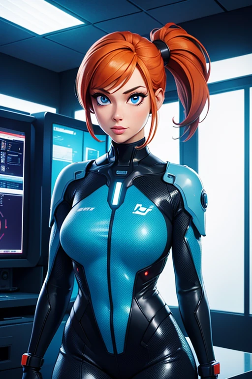 (best quality, highres, ultra-detailed, realistic:1.37), 1girl, solo 32 years old, short orange hair, pony tail styled hair, blue eyes, light skin, natural makeup, beautiful detailed eyes, beautiful detailed lips, extremely detailed face, long eyelashes, perfect waist, stunning face, thick thighs, looking at the viewer, sci-fi, digital art, futuristic coloring, vibrant lighting, (Background: Indoors, living room, futuristic, Sci-Fi, cyberpunk theme, futuristic technology in the background)
