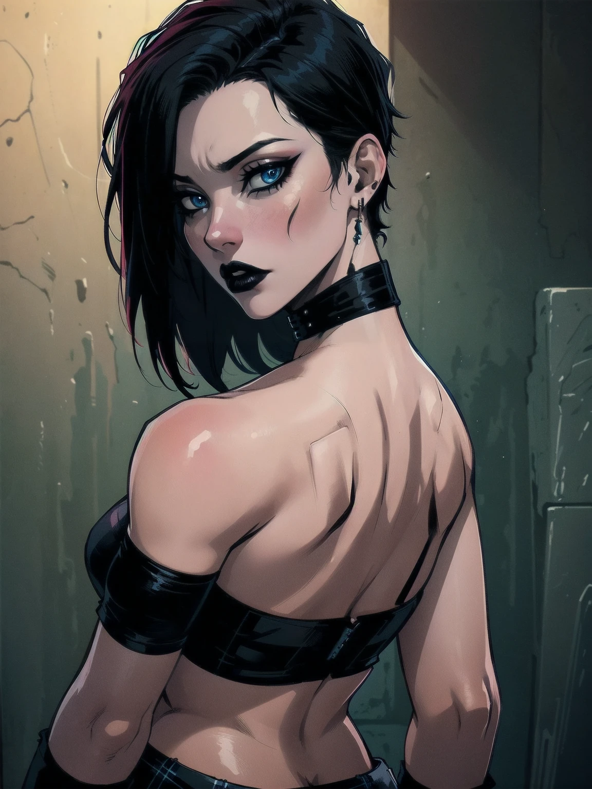 a woman with short black hair, hair on shoulders,  wearing a black cropped  and plaid skirt, blue eyes, zombie art, gothic art, cute aesthetic with vibe, toon aesthetic, wearing red costume, wearing gothic accessories, look like Cassie Hack, upper body, portrait, with your best friend Vlad, dark background, backwards, looking back