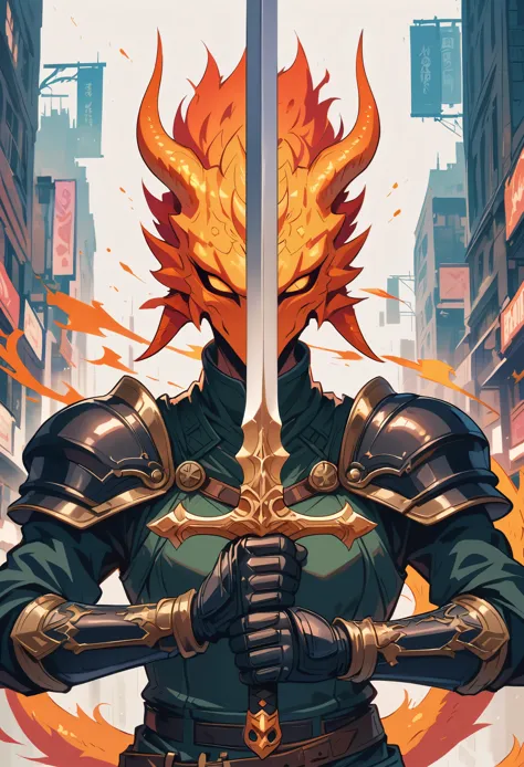 dnd character art, fantasy warrior with dragon head helmet and orange scales holding sword in hand standing on city street, gree...