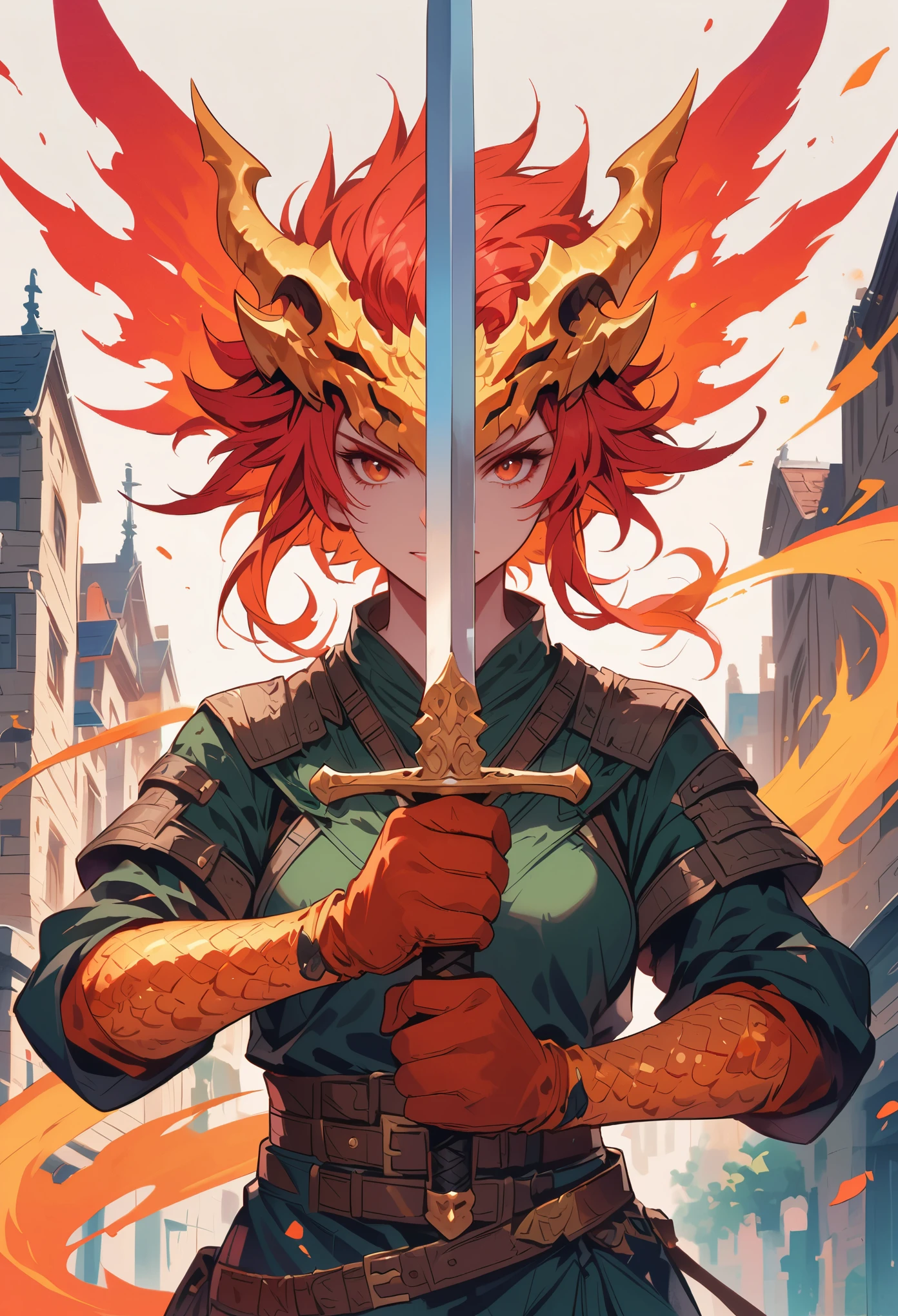 DnD character art, fantasy warrior with dragon head helmet and orange scales holding sword in hand standing on city street, green , black leather gloves, high details, in the style of fantasy.holding sword with both hands,sword focus