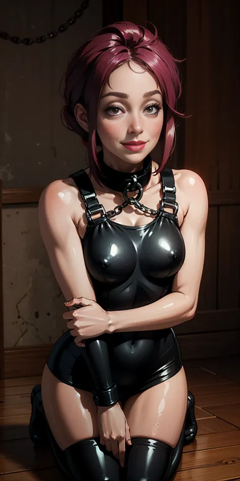 Latex girl lustful smirking smile red blush red cheeks, chain leash, hands behind the head, kneeling, shackles, leather black co...