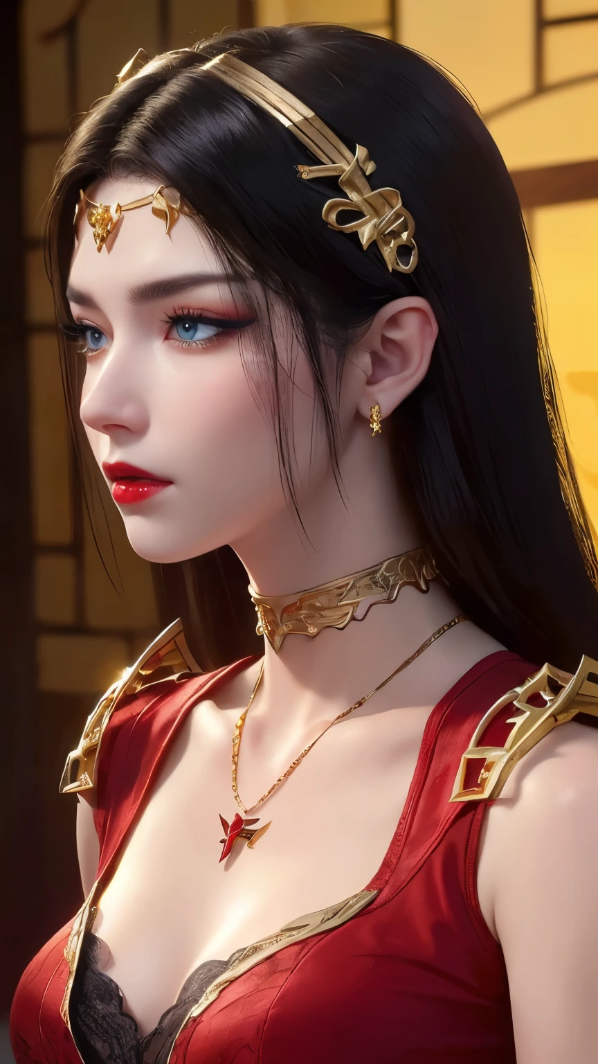 ((midynight, Need, 8K, tmasterpiece:1.3)),  very beautiful queen,  ultra-detailed face, highly detailed lips, detailed eyes, double eyelid. ((Make-up face. Red lipstick)), long black hair. jewelry intricately made of precious stones and beautiful hair, (((wearing a 24k gold lace necklace:1.4))), Super cute little face, very beautiful face, thin eyebrows, flawless beautiful face, ((black pupil)), very beautiful eyes, ((platinum blue eyes)), beautiful and detailed makeup, wet eye makeup, eyelashes, sharp nose, earrings,

((wearing a traditional red hanfu with subtle black patterns)). Also show your ears. In front of the camera. Ear texture. Ear hole details. Realistic. Close-up Shot of Ear. At close range. Also show your ears. In front of the camera. Ear texture. Ear hole details. Realistic. Close-up Shot of Ear. At close range.  shot from the back angle. shot from the back angle. in front of the make-up mirror