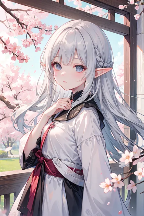 elf、long gray hair、Patsun bangs、High resolution、cherry blossoms