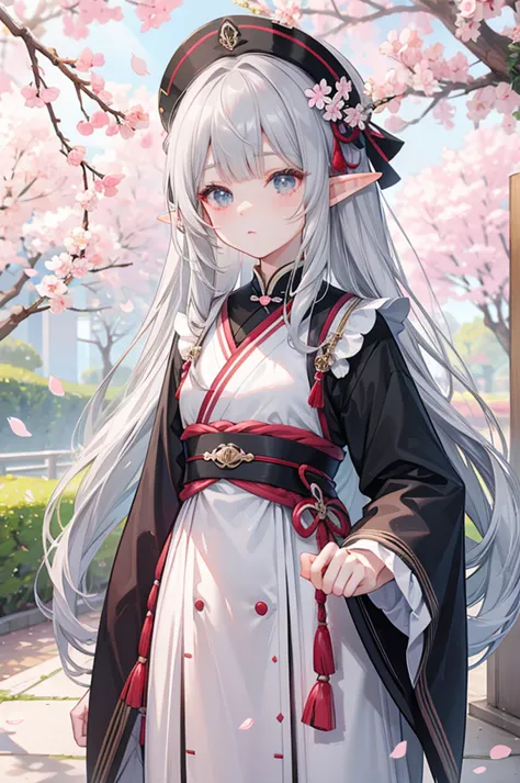 elf、long gray hair、Patsun bangs、High resolution、cherry blossoms