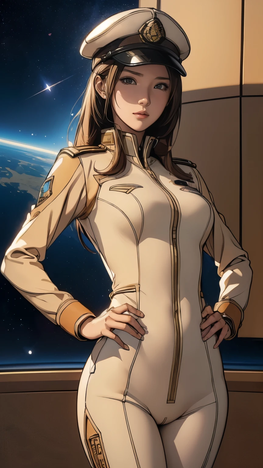 (((masterpiece,highest quality,In 8K,Super detailed,High resolution,anime style,absolutely))),(A female officer of the Earth Federation Forces is walking..:1.5),(alone:1.5), (Wearing the uniform of the Earth Federation Forces:1.5),(wearing federal employee&#39;hat of:1.5),(Cute type of girl:1.4),(Detailed facial depiction:1.4),(beautiful hands:1.4),(fine hands:1.2),(wallpaper:1.5),(whole body:1.5),((overlook:1.5)), ((15 year old Japanese girl, Fit clothing)), (inside the spaceship, Outside is space), (((camel toe)))