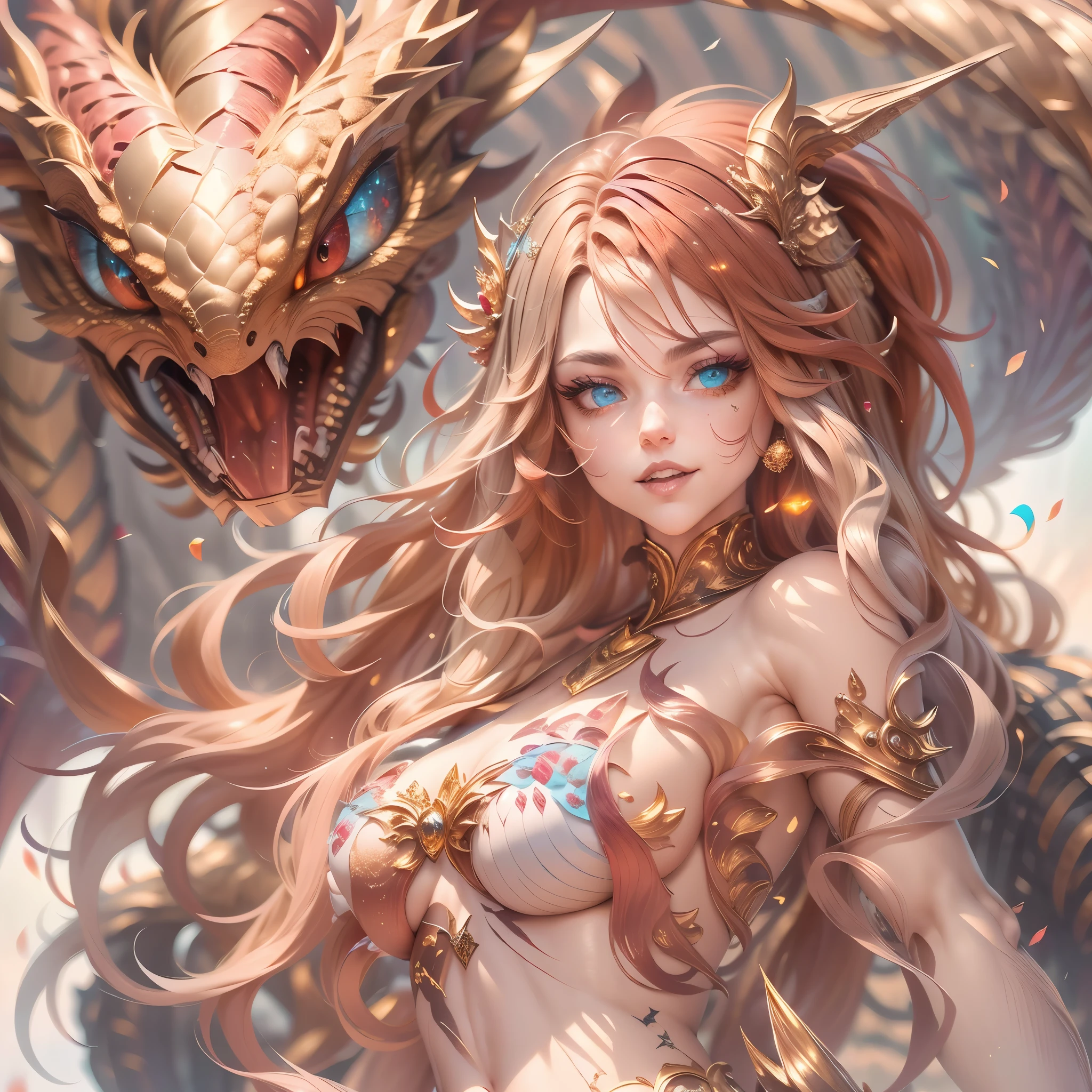 (melhor qualidade,4K,8K,alta resolução,Obra de arte:1.2, retrato), ultra-detalhado, realista, Nu sexy dragon woman with red and gold glittering scales, a pele é rubi brilhante e escamas douradas, cabelo loiro longo e ondulado com mechas vermelhas, very brincalhão but mischievous smile, enorme , seios gigantescos, Nu, nu, virilha detalhada, vulva detalhada, pose sexy, brincalhão, olhos bicolores, heterochromia, lascivo