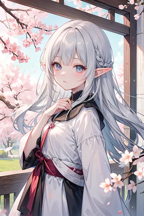 elf、long gray hair、Patsun bangs、High resolution、cherry blossoms