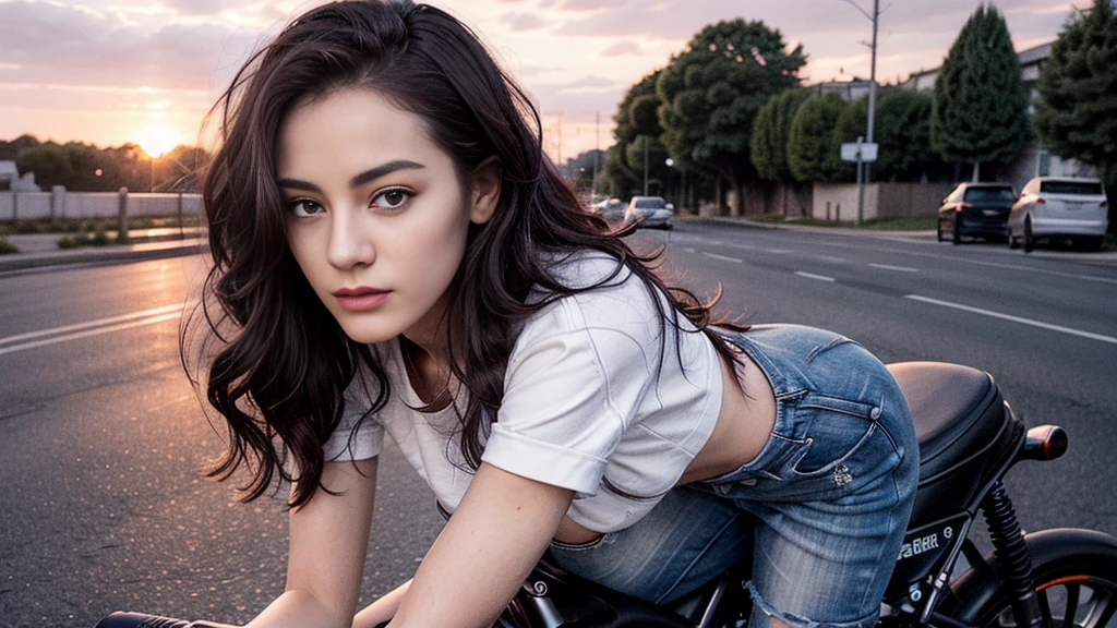 a gorgeous 20 years old European woman, black wavy hair,  standing on the road, motorbike in the background, sexy pose, white cotton crop top, super short denim shorts, leather jacket, Looking at the camera, full body pics (in the sunset light:1.2),
perfect eyes, perfect hands, perfect body, perfect hair, perfect breast, hair behind ear, blurry foreground, UHD, retina, masterpiece, accurate, anatomically correct, textured skin, super detail, high details, high quality, award winning, best quality, highres, 16k, 8k