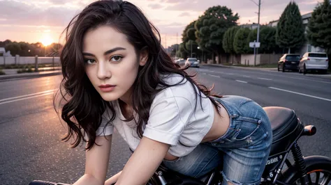 a gorgeous 20 years old woman, black wavy hair,  standing on the road, motorbike in the background, sexy pose, white cotton crop...