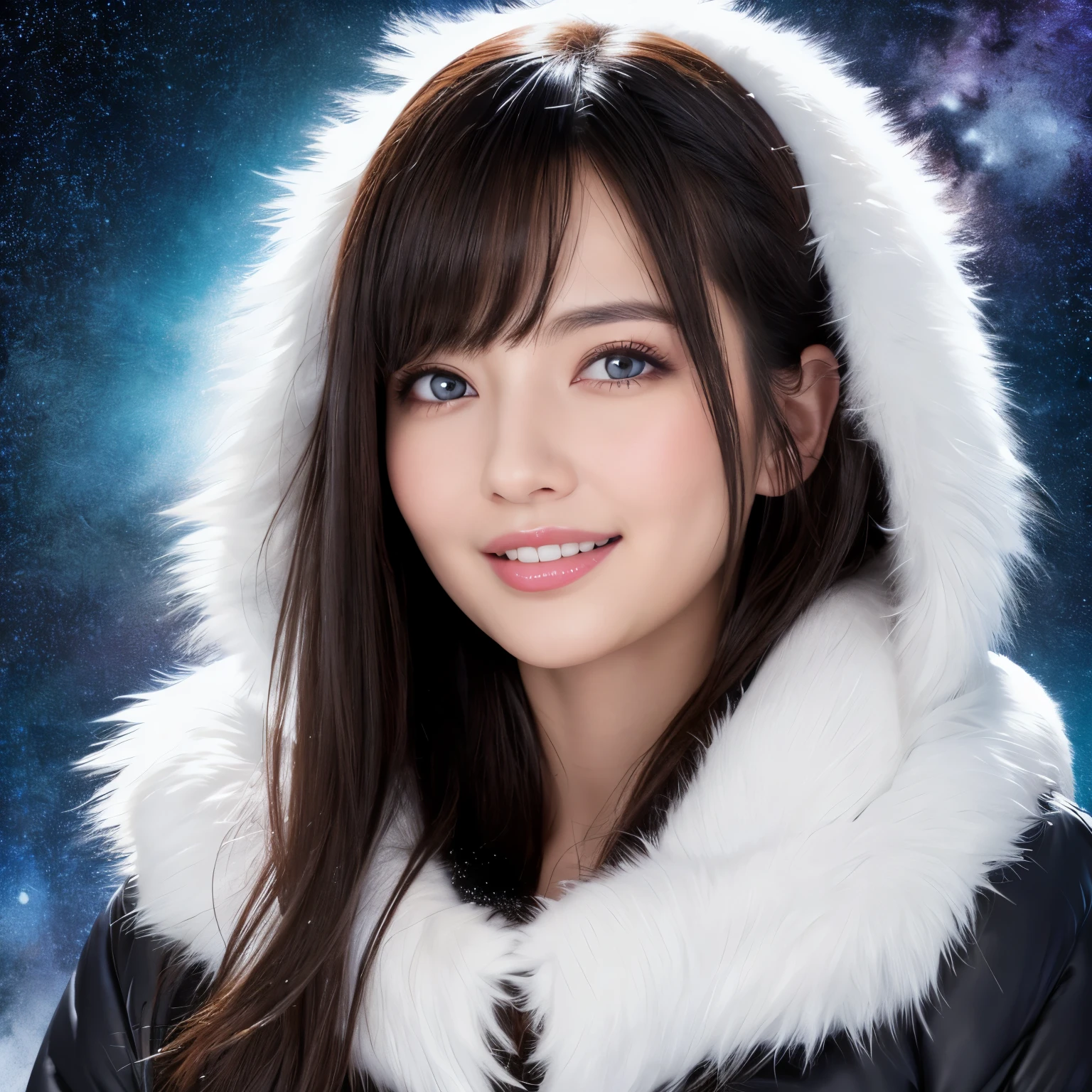 (highest quality、table top、8K、best image quality、Award-winning work)、1 girl、close up of face、look at me and smile、thick coat、Fur hood、(frozen snow field in winter:1.1)、Icy ground、(fantastic starry sky:1.2)、(It&#39;s snowing:1.1)、(Tyndall effect:1.1)、epic movie lighting、(accurate anatomy:1.1)、Ultra high definition beauty face、long eyelashes、natural makeup、ultra high definition hair、ultra high resolution eyes、(Beautiful skin that shines in ultra-high resolution:1.1)、Super high resolution glossy lips