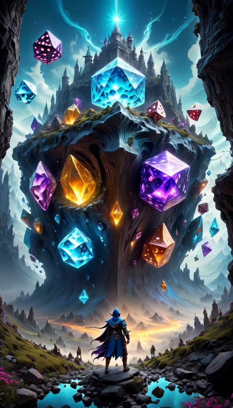 (best quality,4K,8K,high resolution,masterpiece:1.2), Super detailed, (actual,photoactual,photo-actual:1.37), Roll the dice, Magical Realism, fantasy, Dungeons and Dragons, Surreal landscape, ethereal lights, Mysterious aura, intricate details, bright colors, dreamlike atmosphere, magical creatures, Intricate dice design, Immersive worlds, occult symbols, Imaginative artwork, Mesmerizing composition, otherworldly elements, mythology figure, dynamic poses, epic adventure, fantastic scenery, intriguing visuals.