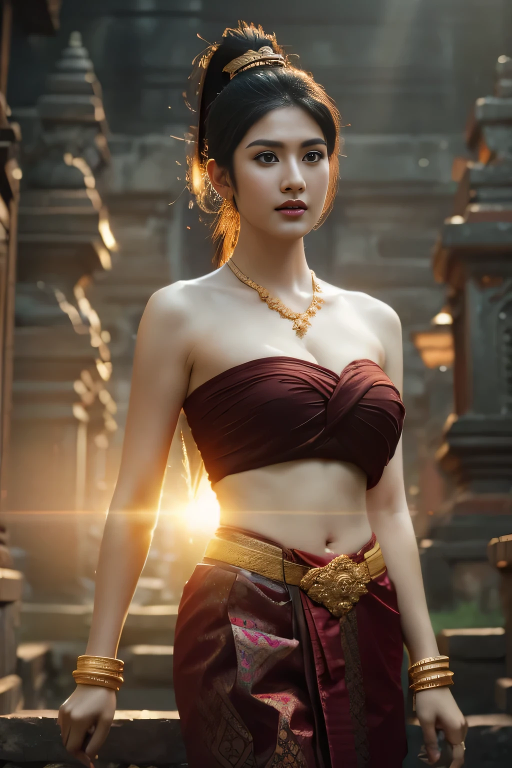 hermosa chica ,Guerrera de Tailandia, caminando en el templo tailandés, poses dinámicas, vestido chut tailandés, Camisa de tirantes, pelo largo de cola de caballo,ojos negros,Músculos abdominales, cuerpo regordete, Pecho redondeado, (pecho grande:1.3), escote, sol de la mañana, Ojos en la audiencia, (poses sexys), ((detalles de la cara)), párpados dobles, ya, Realista, obra maestra, de la máxima calidad, Destello de lente, sombra, Antiguo templo, temple, [[aberración cromática]], por Jeremy Lipking, by Antonio J. Manzanedo, pintura digital, hdr, alto contraste
