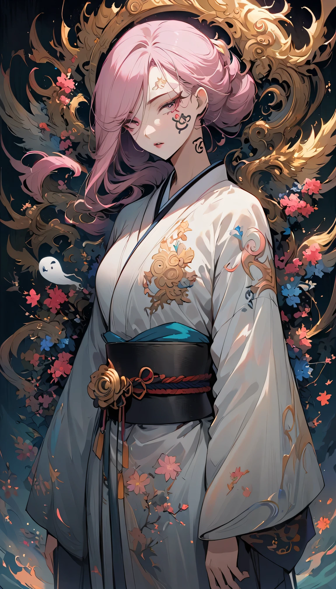 surreal, Very detailed, and a high resolution 16k image of a young man, Beautiful female ghost or guardian angel. She has light pink hair and translucent skin, Wearing a traditional Japanese kimono，face tattoo(Meaningful Chinese character writing:1.1)，There is a small cherry blossom pattern on the belt. The image captures the ethereal beauty and mystery of the world. Style inspired by sophistication, Soft aesthetics in traditional Japanese art.