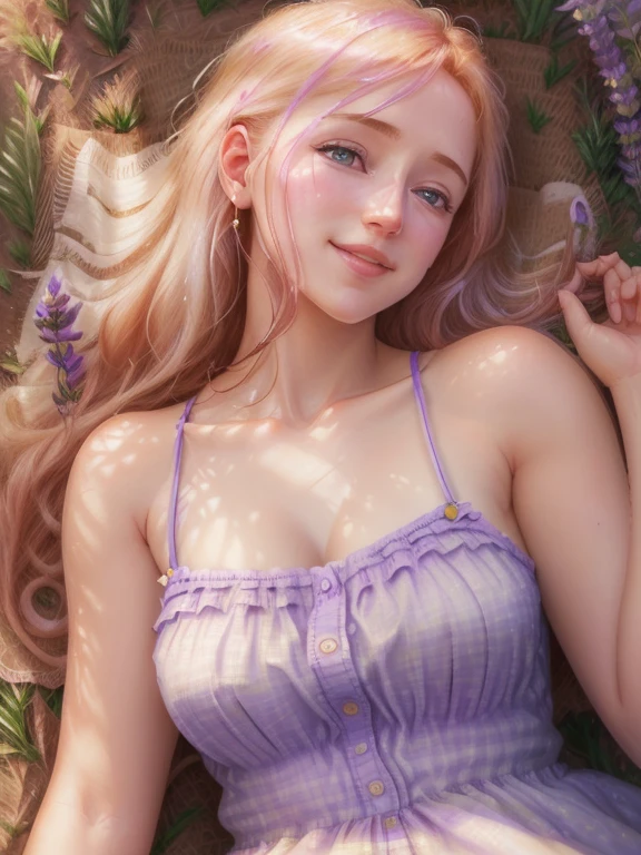 lavender field, early summer, Young woman with strawberry blonde hair, light blue sundress, Lying on my back on the ground surrounded by lavender, make out, smile gently, glance at the viewer, digital painting, magic realism, hyper realism, official art, dynamic angle, HDR, best details], summer color palette, soft light, Natural light recessed: fcHeat portrait