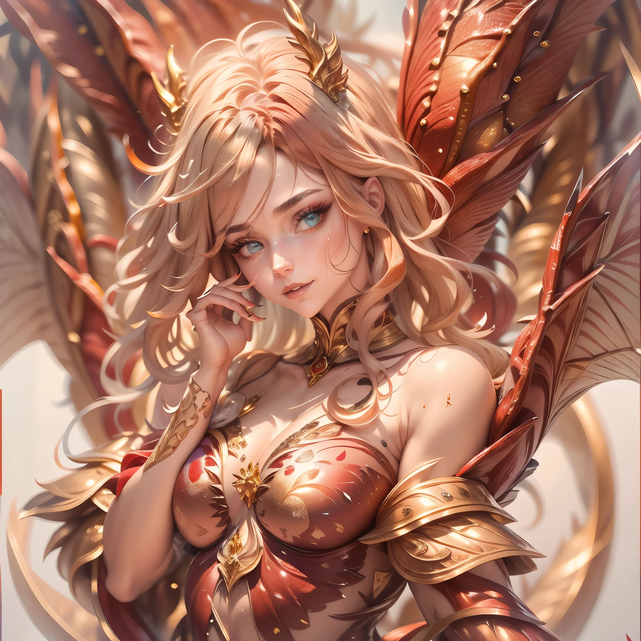 (melhor qualidade,4K,8K,alta resolução,obra de arte:1.2, Retrato), Ultra-detalhado, realista, nu sexy dragon woman with red and gold glittering scales, a pele é rubi brilhante e escamas douradas, cabelo loiro longo e ondulado com mechas vermelhas, very brincalhão but mischievous smile, Enorme , seios gigantescos, nu, nu, virilha detalhada, vulva detalhada, pose sexy, brincalhão, olhos bicolores, heterochromia, lascivo