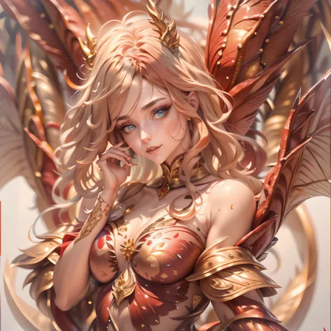 (best quality,4k,8k,highres,masterpiece:1.2, portrait), ultra-detailed, realistic, naked sexy dragon woman with red and gold gli...