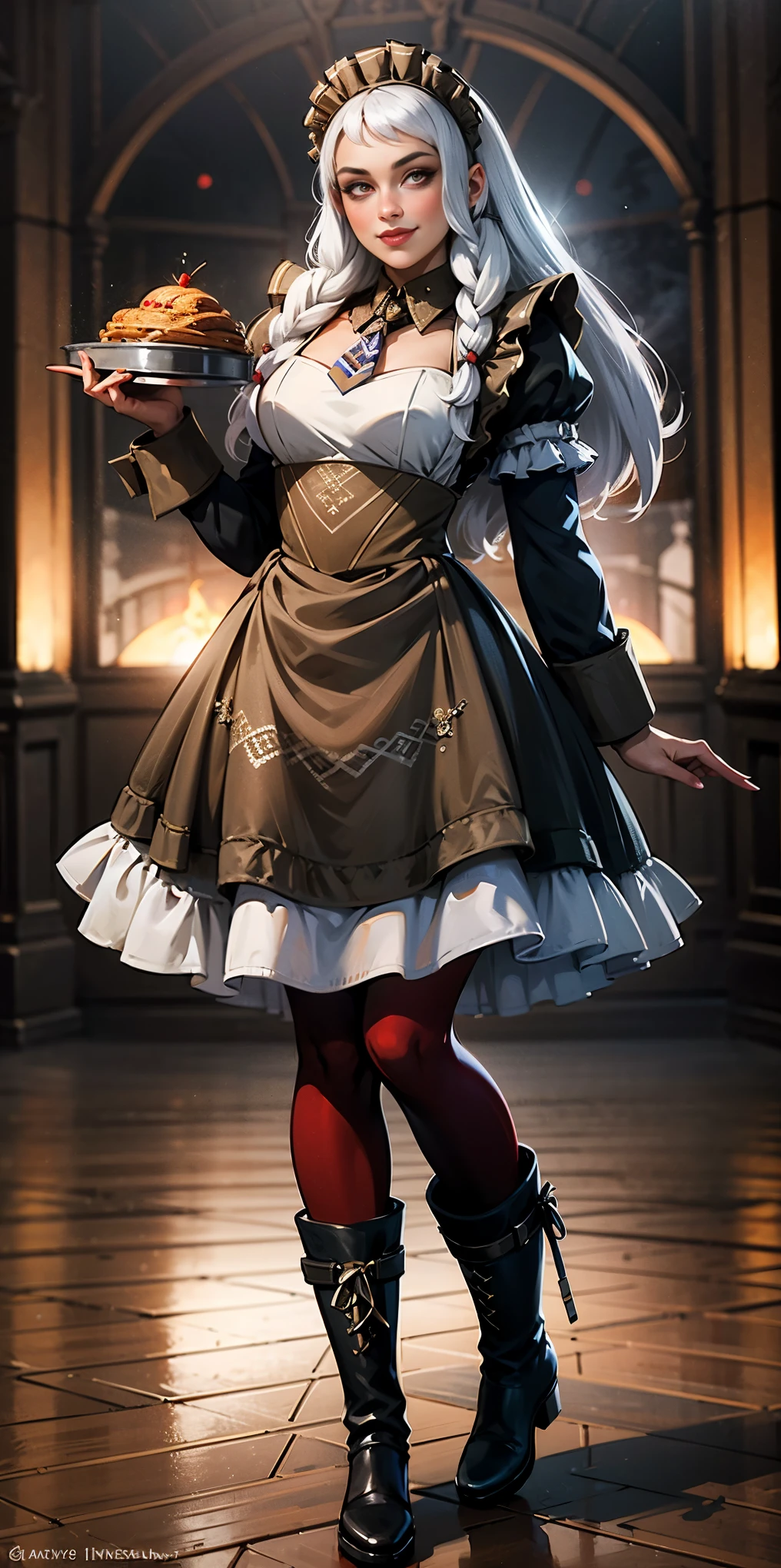full body standing straight symmetrical, lustful smirking smile face red blush red cheeks, looking at viewer, holding tray, braid, maid headdress, maid, dress, apron, long sleeves, brown pantyhose, long leather militar boots, thighs, long white hair, masterpice