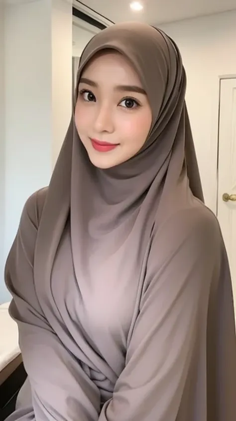 RAW photo of a 24 year old girl wearing hijab, satin abaya, satin ...