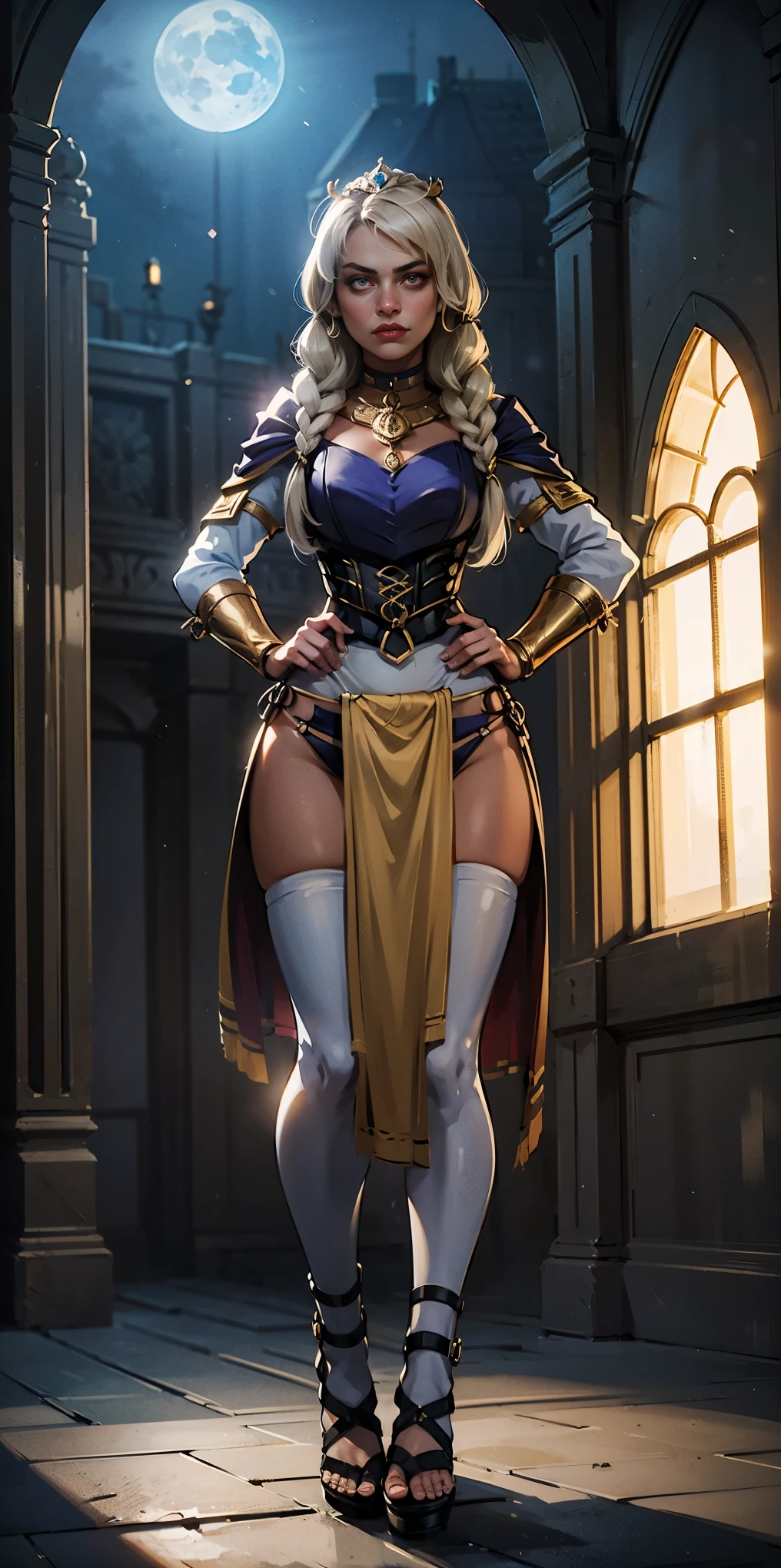 paladin lady in ornate golden armor, black collar, pauldrons, breastplate, corset, glowing halo, single braid, blonde, yellow glowing eyes, bright pupils, eye focus, red cape, temple indoors, stained glass windows, night, moonlight, particles, light beam, chromatic aberration, (full body, whole body. 1solo (girl). slave fighter, loincloth standing, hands on hips full body, whole body. 1solo (girl). slave fighter, loincloth standing, hands on hips, metal sandals, backpack, choker, big belt, view from below, feet together, bracers, tiara)