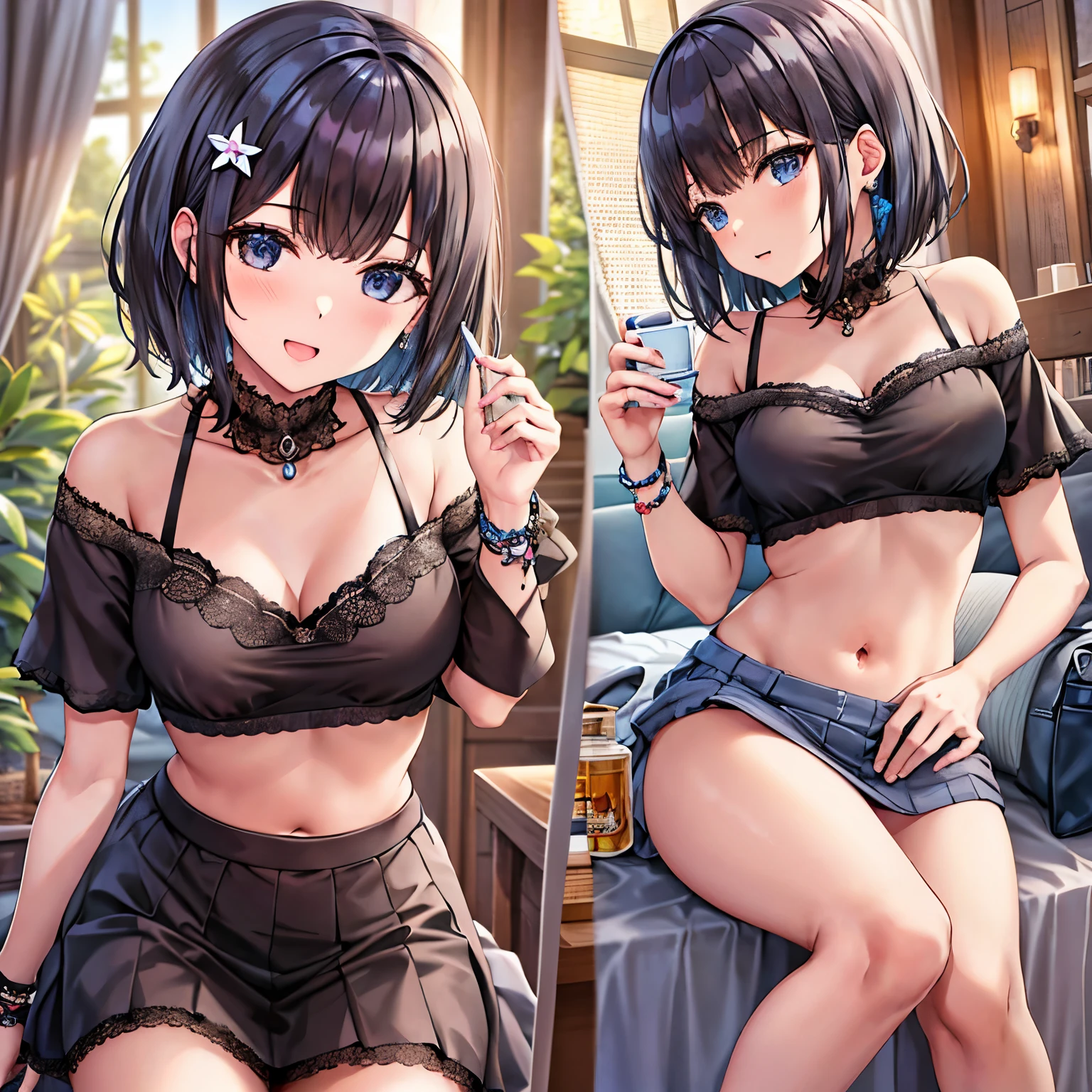 Anime girl in lingerie with cell phone and glasses - SeaArt AI