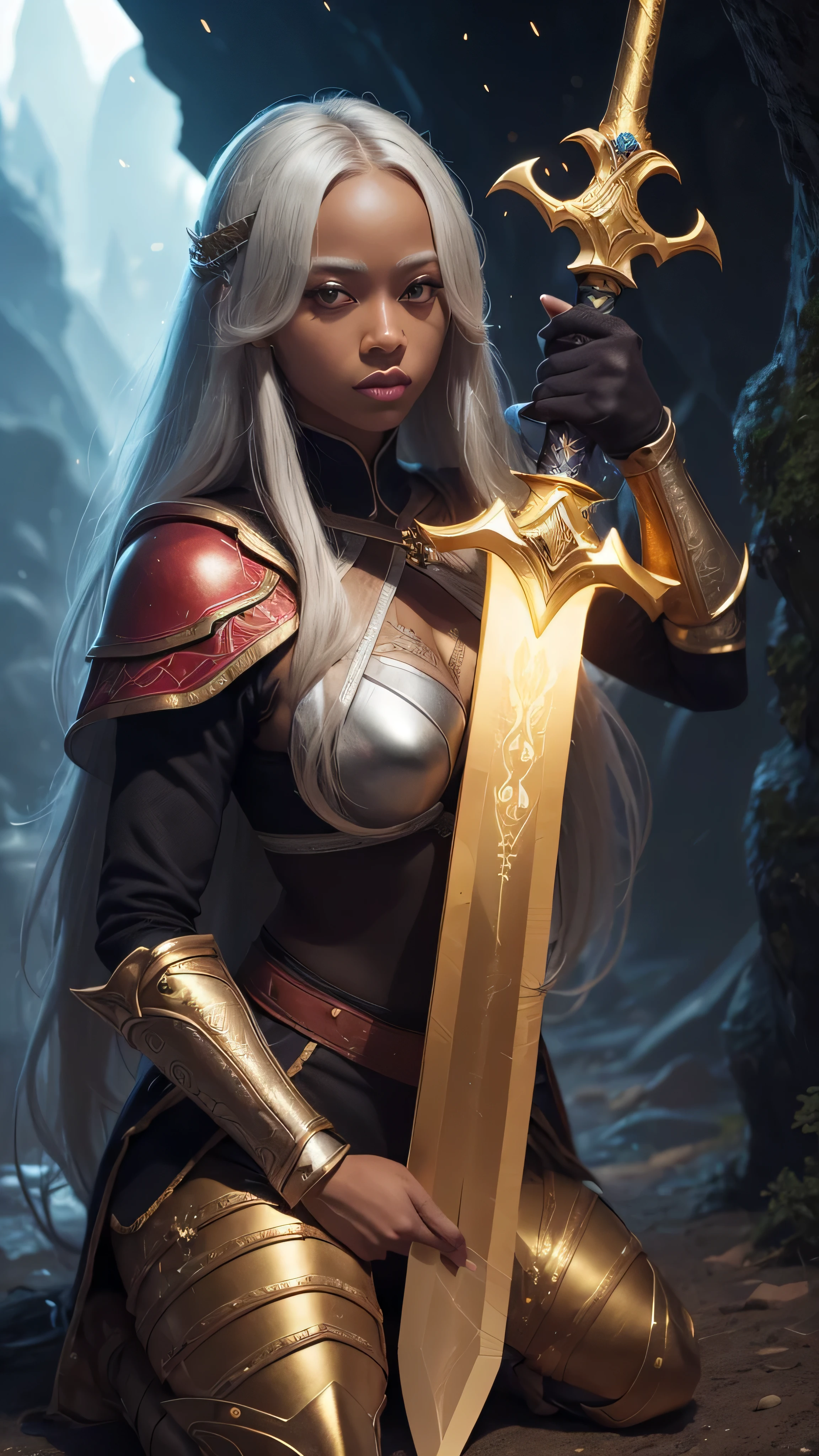 (masterpiece:0.8, best quality:1.5), intricate:1.8, (((((ONE gigantic golden sword, glowing, engraved)), underground shadow cavern, fujifilm, 8k, depth of field, bokeh))), kneeling paladin ((((drow)))) woman, medieval armor black chrome