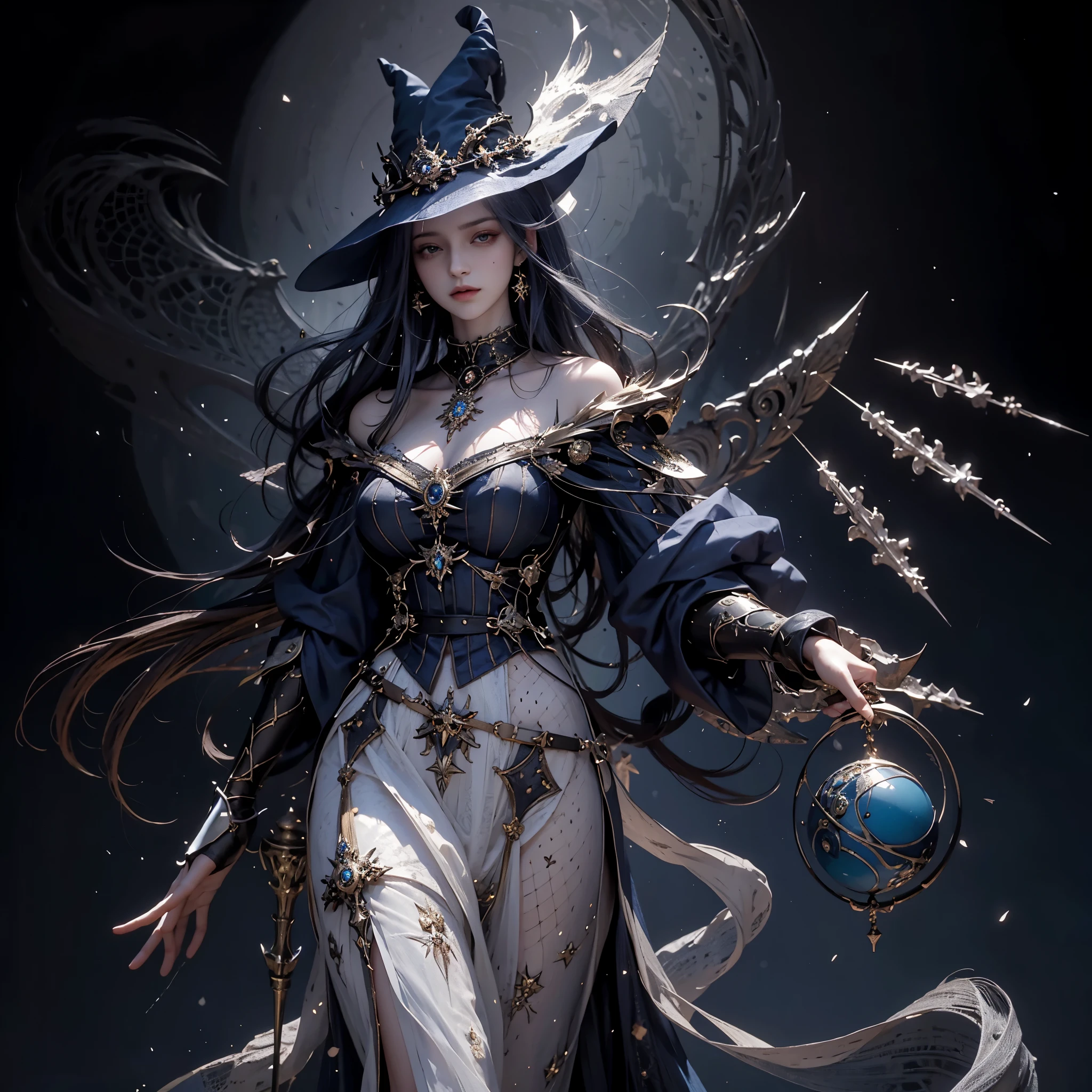 Arafad image of a woman holding a sword and a blue ball, Beautiful celestial mage, Super detailed fantasy characters, Epic Mage Girl Character, Epic and beautiful character art, a beautiful witch, 2. 5d cgi anime fantasy artwork, beautiful witch, Trending on artstation, fantasy mage, Humanity :: witch, portrait of female mage