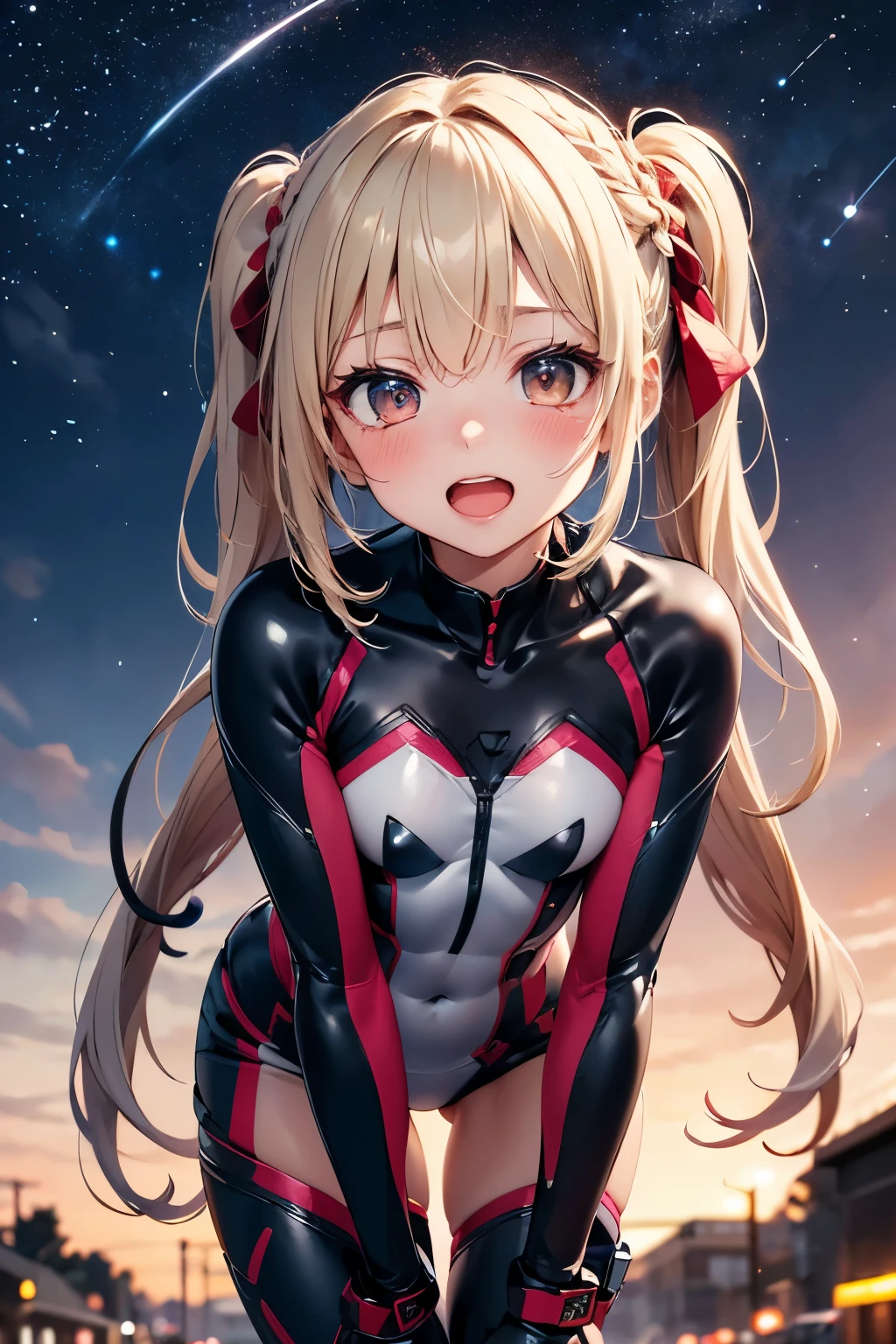 A small girl wearing a tight scarlet plug suit, adorable expression, beginner's mind, open mouth, expressing the unevenness of the body, blushing, background is the stars of the universe, face emphasis, black braided ribbon hair, masterpiece, leaning forward look into