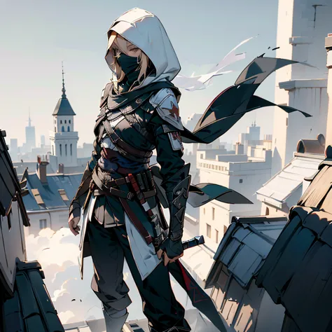 blonde girl, black assassins creed cloak, black hood, with red trim, black pants, standing on corner of roof top, over looking a...